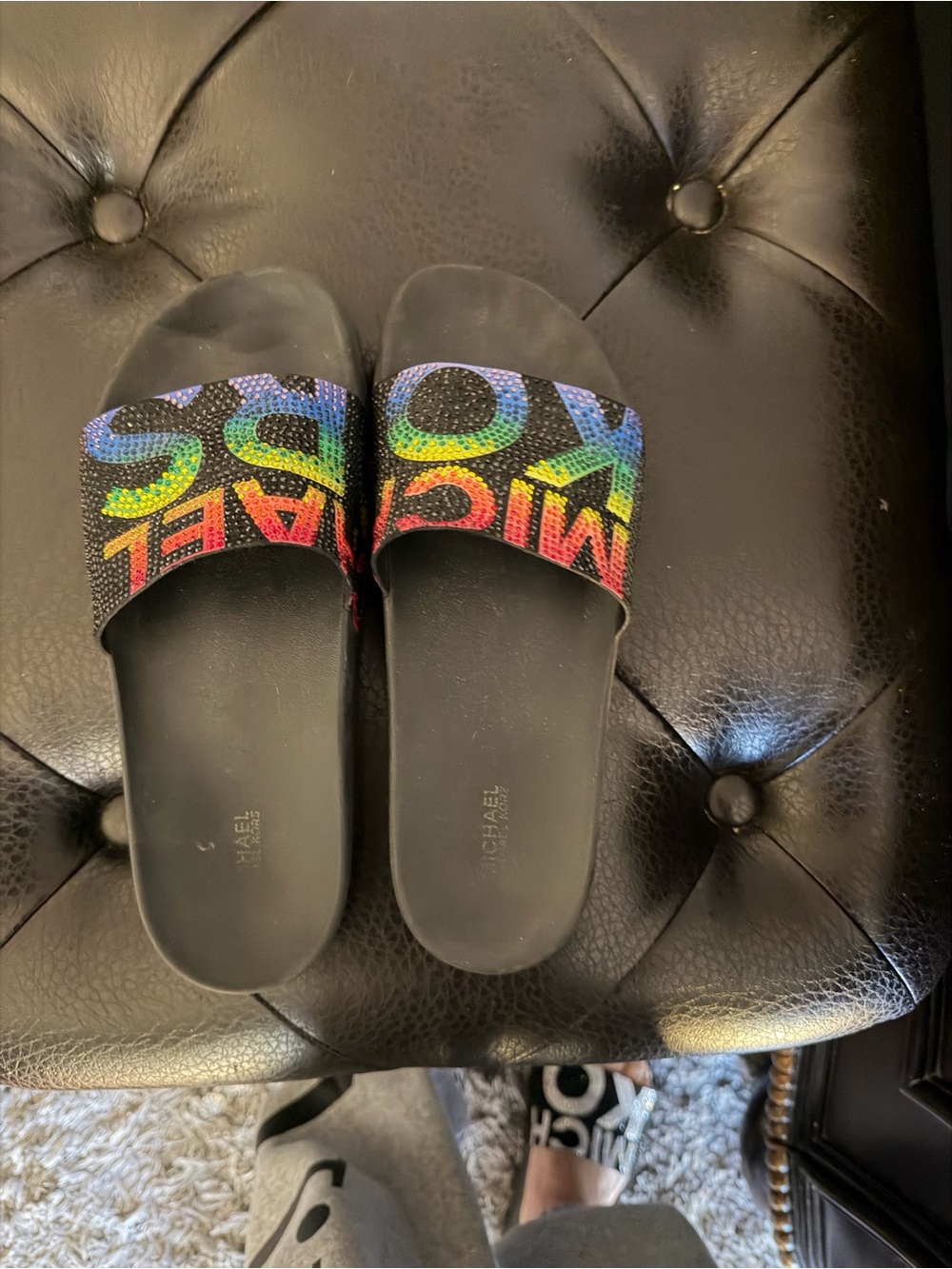 Michael Kors Black Slide Sandals with Rainbow Crystal Logo 8